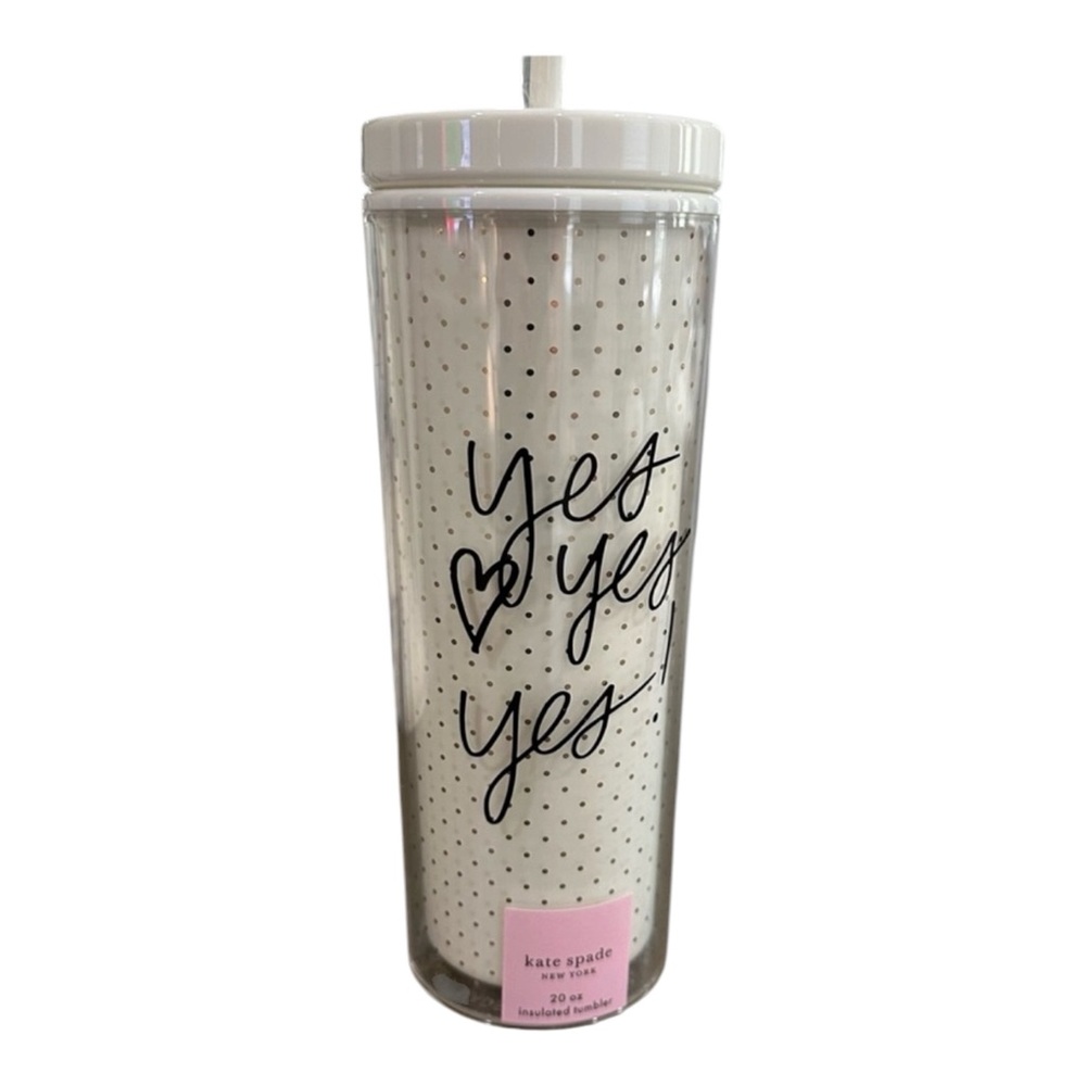 Kate Spade “Yes, Yes, Yes” White Tumbler w/ Black Script & Gold Dots. - Picture 2 of 14